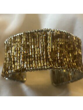 vtg costume bracelet  1 1/4'' wide Irridescent Brown Micro beaded CUFF BRACELET